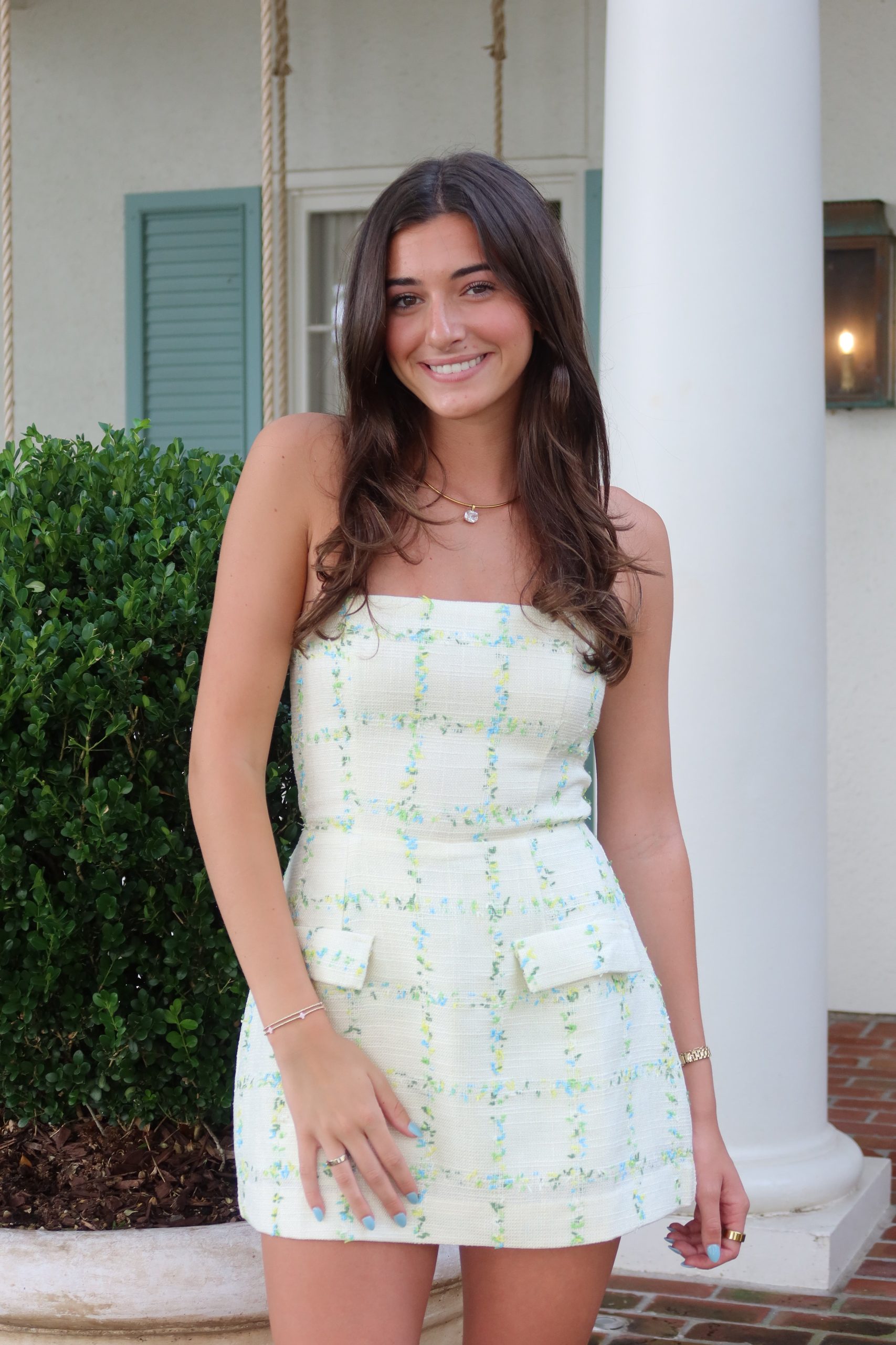 Minty Morning Checkered Strapless Dress